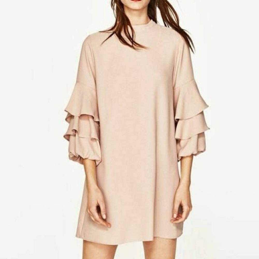 Zara Nude Ruffle Sleeve Mini Dress XS Beige Shift Cocktail Evening